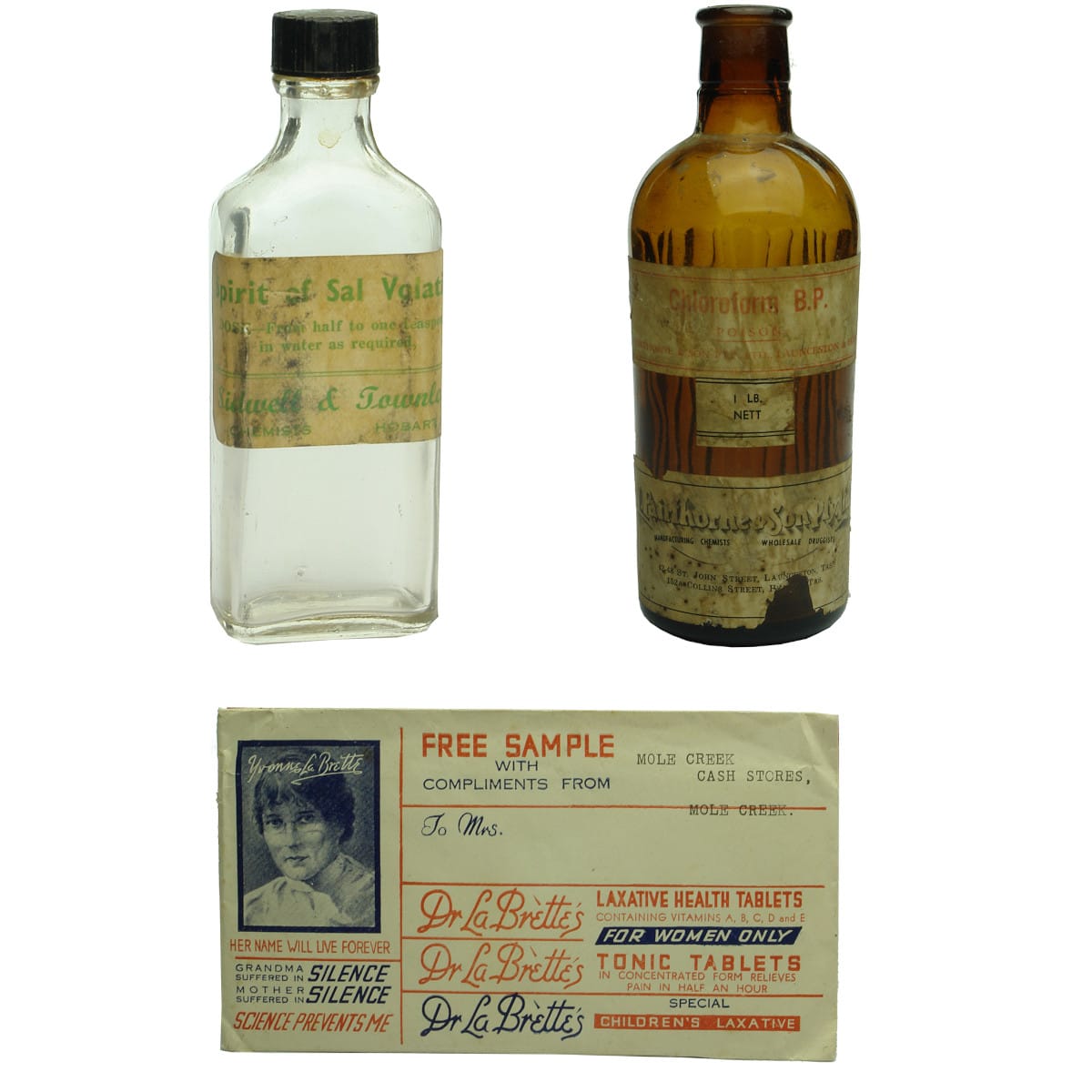 Chemists. Labelled Spirit of Sal Volatile, Sidwell & Townley, Hobart; Chloroform, L. Fairthorne, Launceston & Hobart; Free Sample Mole Creek Cash Stores, Dr La Brette's Laxative Health Tablets (With Contents!). (Tasmania)