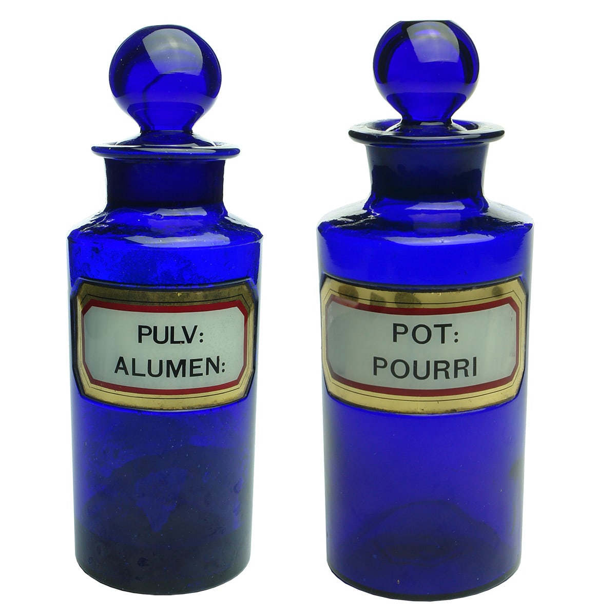 2 Cobalt Blue antique Pharmacy jars. Pulv: Alumen and Pot: Pourri. Both with York Glass Co base marks. (Not for post, pickup only)