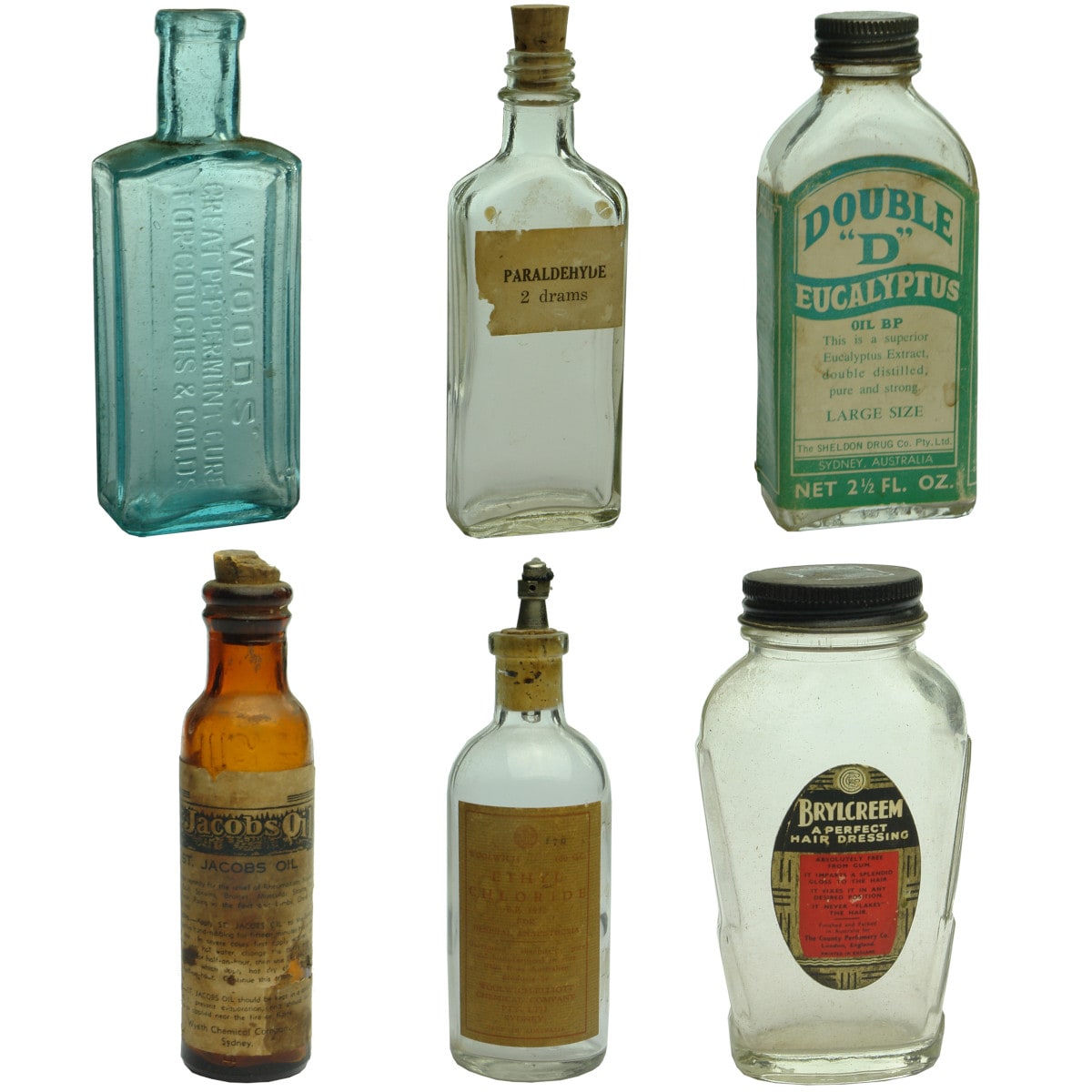 Chemists. Woods' Great Peppermint Cure; Labelled Paraldehyde; The Sheldon Drug Co., Sydney, Double "D" Eucalyptus.; St Jacob's Oil with Label; Labelled Ethyl Chloride, Woolwich Elliott Chemical Company, Sydney; Labelled Brylcreem