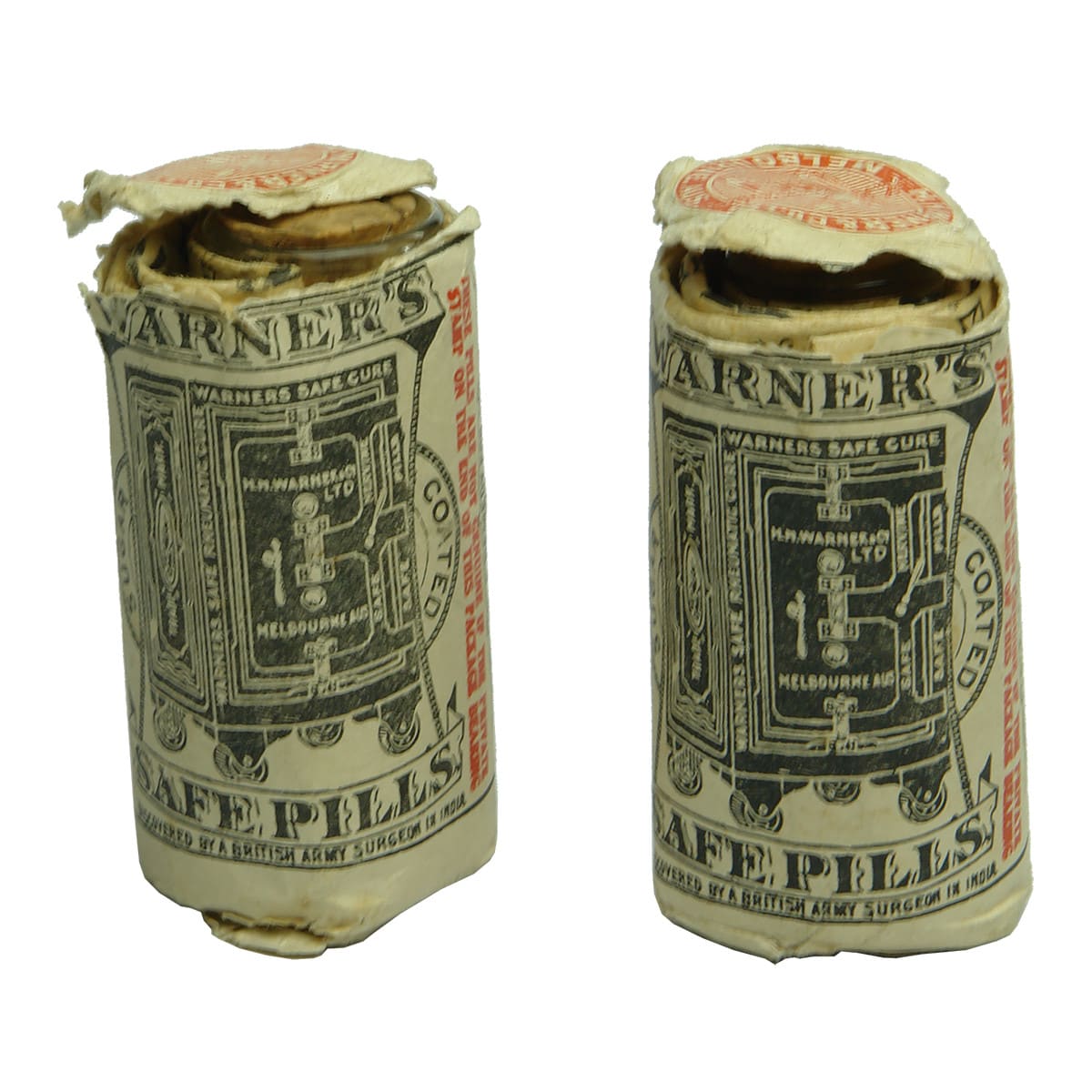 Warner's. Pair of Melbourne Warner's Safe Pills Vials in Original Wrappers Doubling as Instructions/Pamphlets. (Victoria)