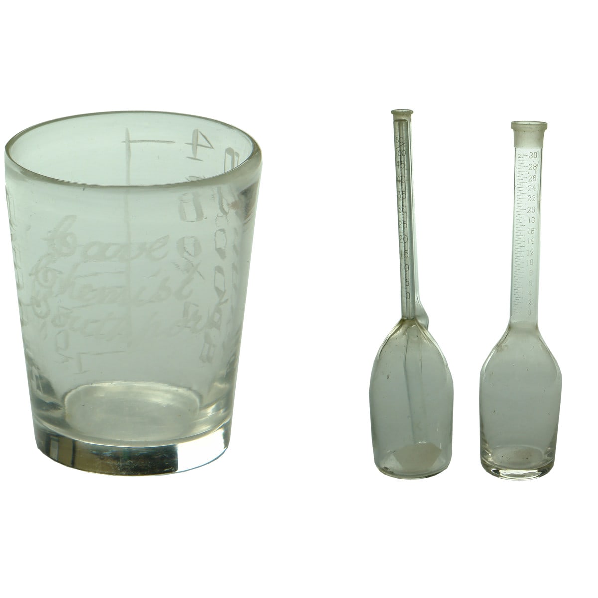 Chemist items: Cave Southport (UK) Dose cup Pair of Laboratory Babcock bottles.