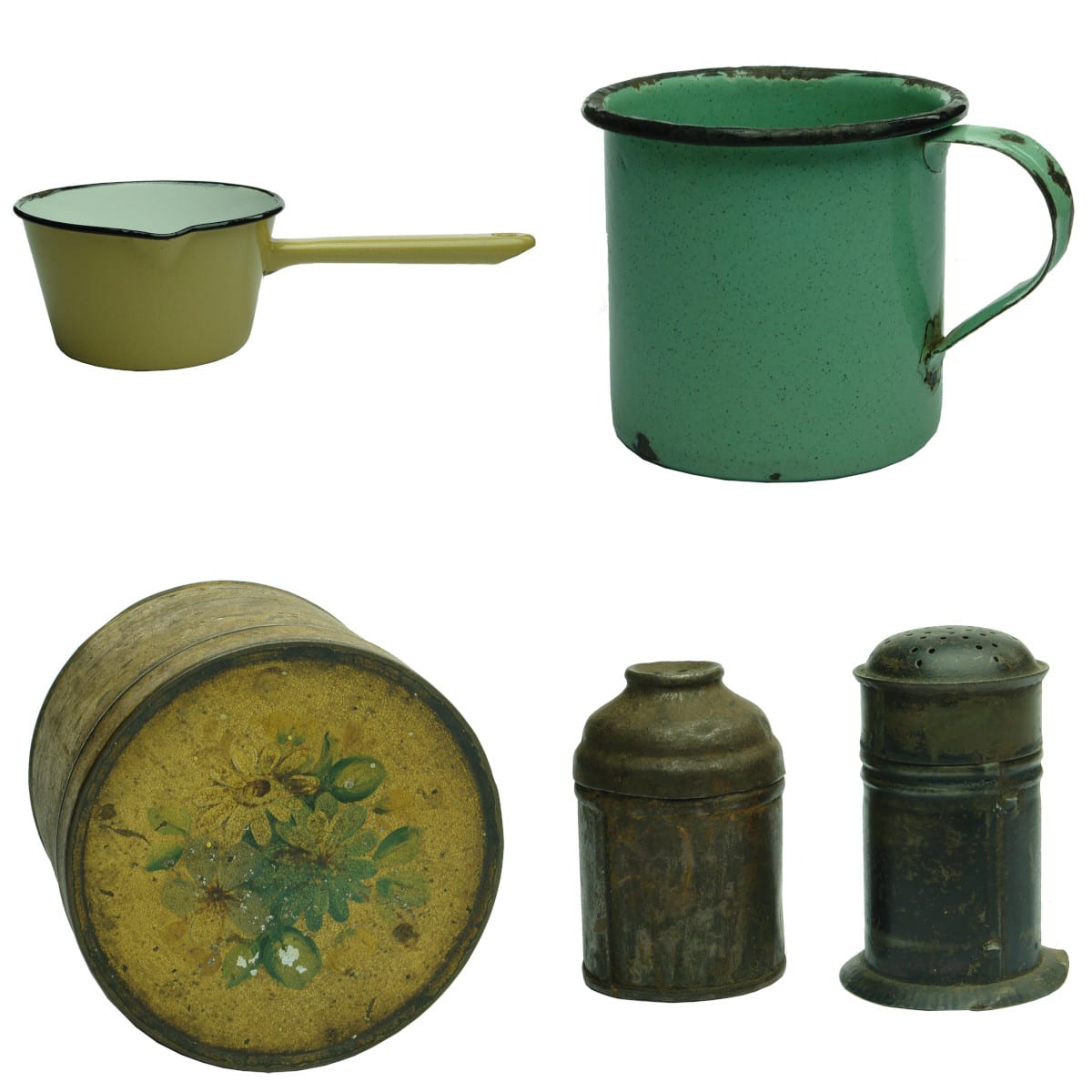 5 Tin and enamel pieces: Yellow Pot; Green Mug; Tin with Flowers; Salt & Pepper shakers.