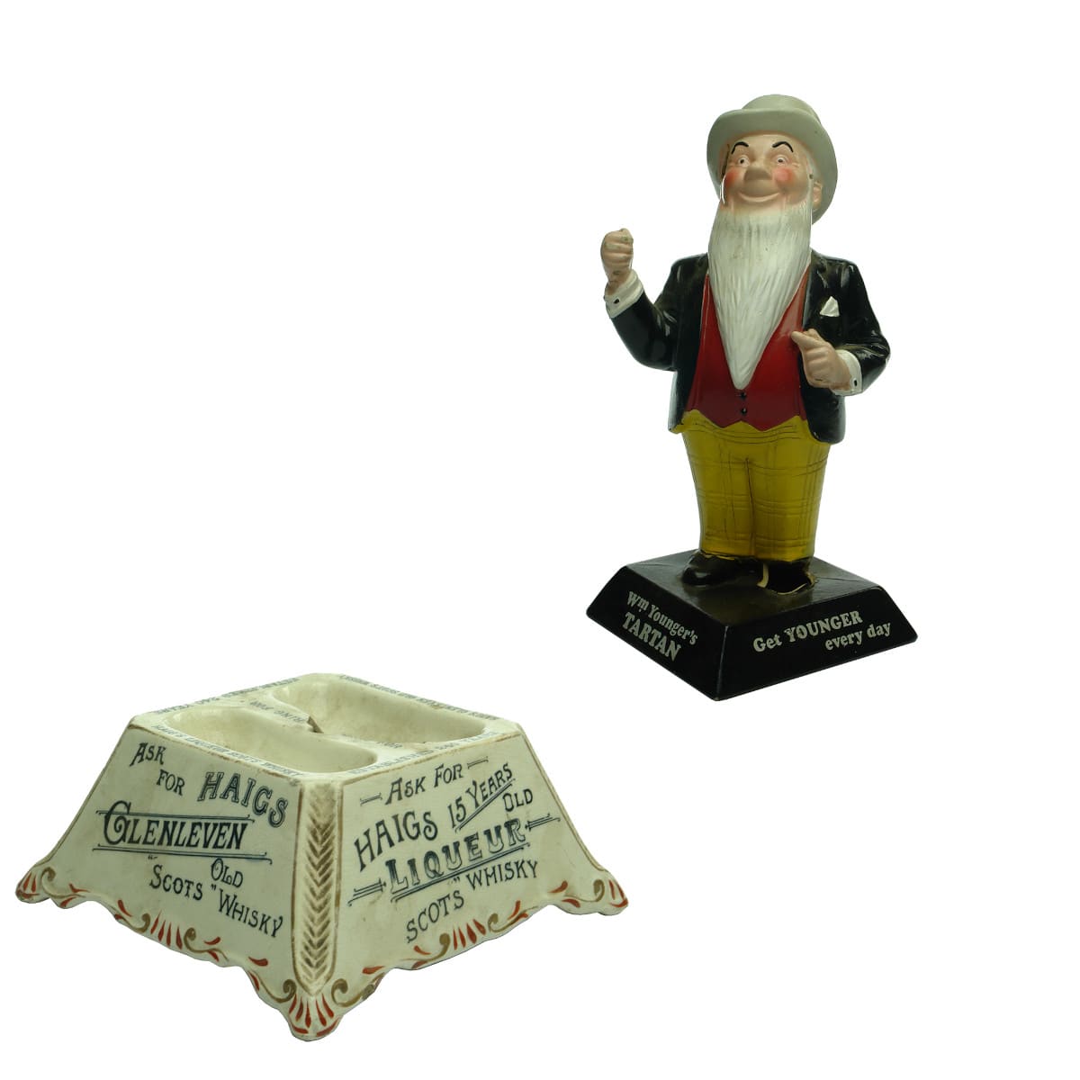 2 Bar advertising Pieces: Haigs Glenleven Counter Bell/Ash Tray/Match Holder Wm Younger's Rubberoid statue.