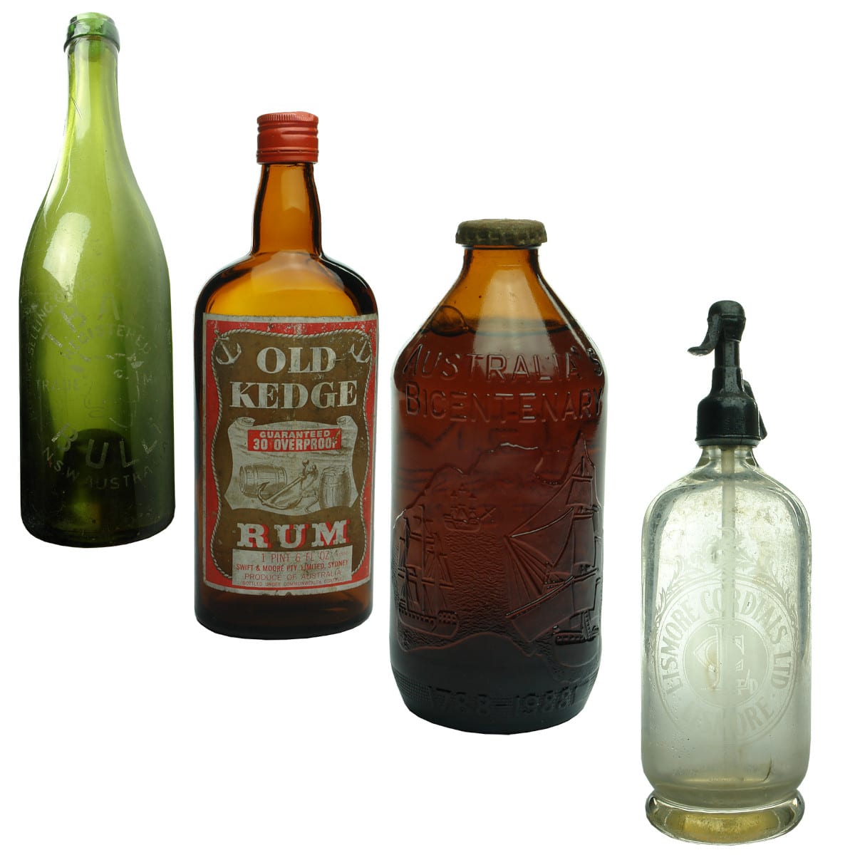 4 Bottles: Repaired T. Ball Bulli; Labelled Old Kedge Rum; Australia's Bicentenary Stubby; Lismore Cordials Soda Syphon.