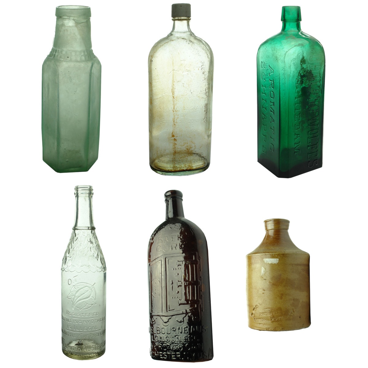 6 Bottles: Hexagonal Pickle; Laurel Kerosene; Moss, Wolfe's Schnapps; O. T. Limited; Warners 4 Cities; Bourne Denby Pottery.