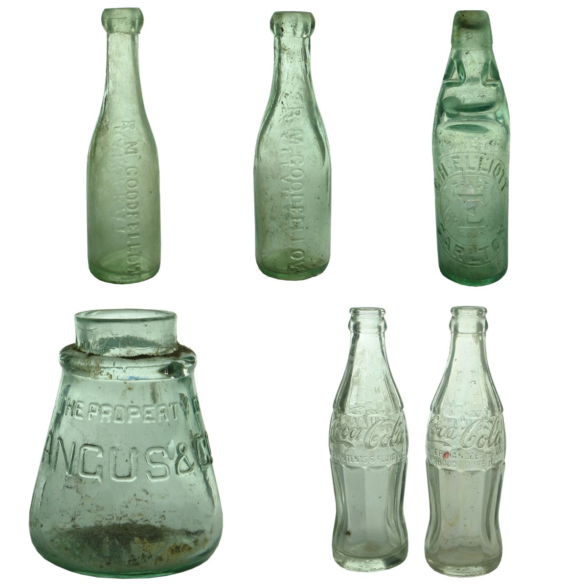 Miscellaneous. R. M. Goodfellow, Ballarat, long neck; R. M. Goodfellow, Ballarat, short neck; G. H. Elliott, Carlton, Codd; Angus & Co Gum; Embossed Coca Cola, 1957; Embossed Coca Cola, South African.