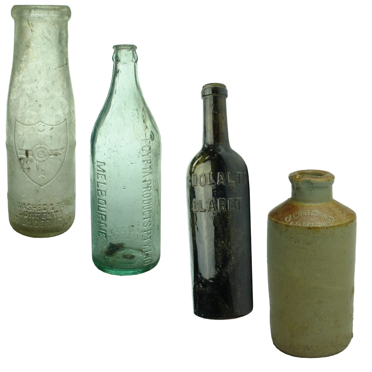 Miscellaneous. Willsmere Certified Milk Company, Melbourne, tall skinny variety, 17 oz.; Egypta Products Pty. Ltd., Melbourne, 24 oz crown seal; Coolalta Claret, green ring seal, 13 oz.; Caldwell's Inks, Melbourne, salt glaze, impressed, small.