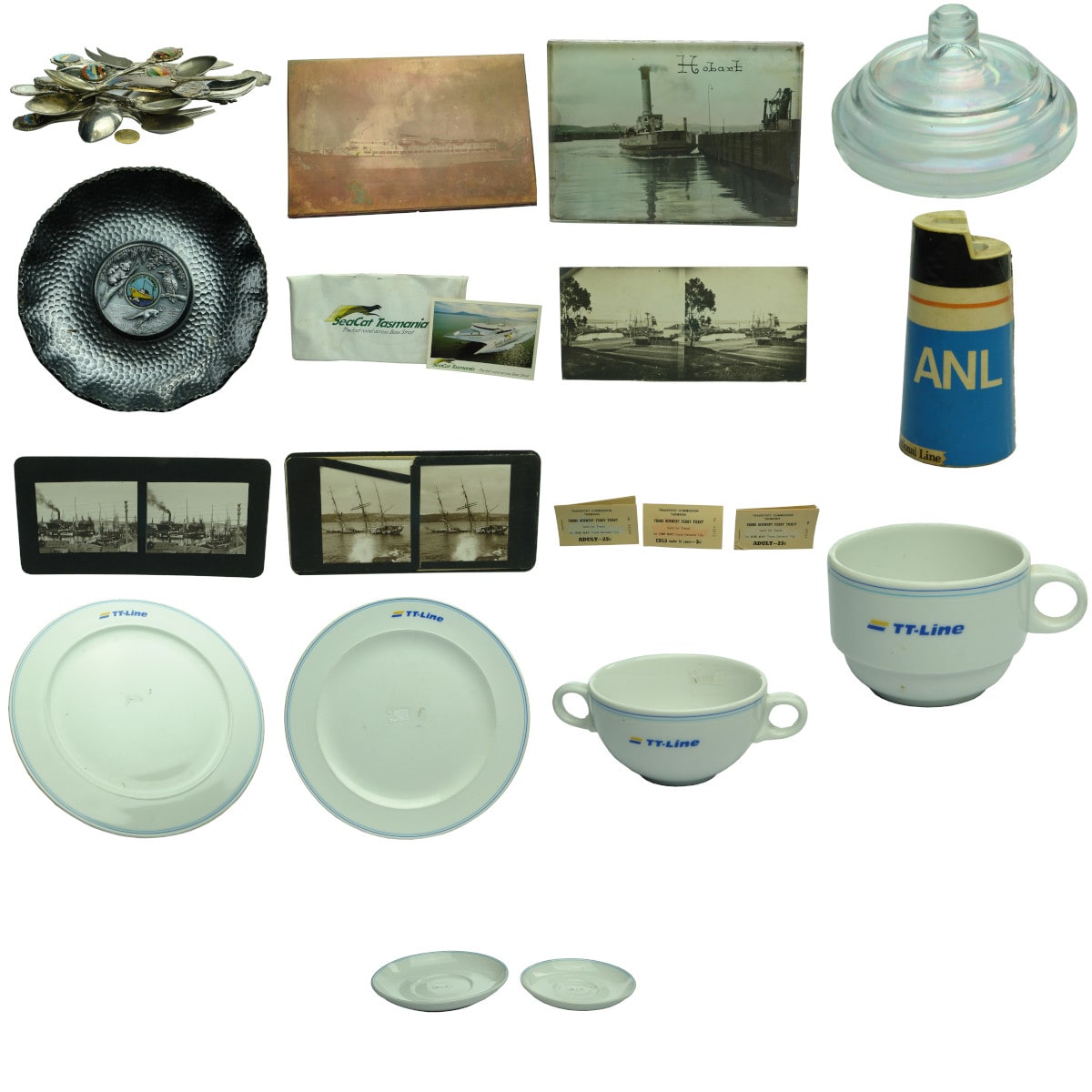 Big Group of interesting Shipping related items: Souvenirs; Printing Block; Ash Tray; Tickets; Plates and more!