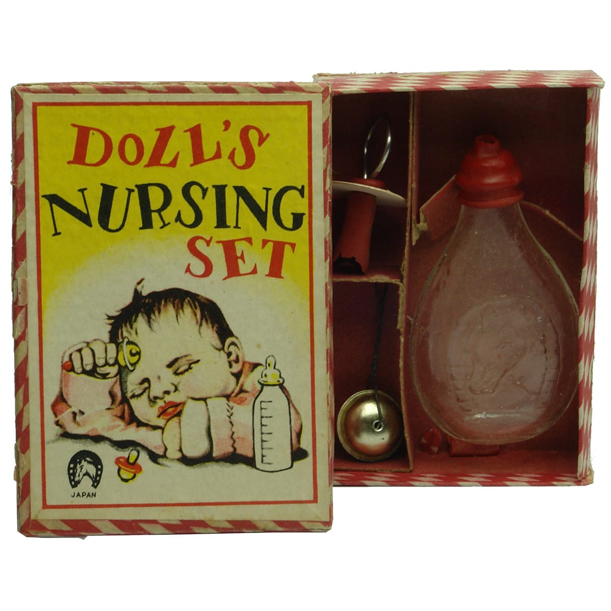 Miniature. Doll's Nursing Set in Original Box, Clear Glass Baby Feeder with Horse Head, Baby Rattle, Dummy, all Made in Japan.