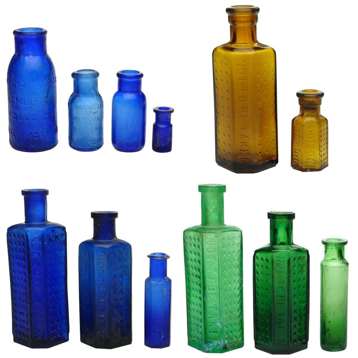 12 small Bottles. Blues & Greens. Bromo-Seltzer; Poisons; Plains.