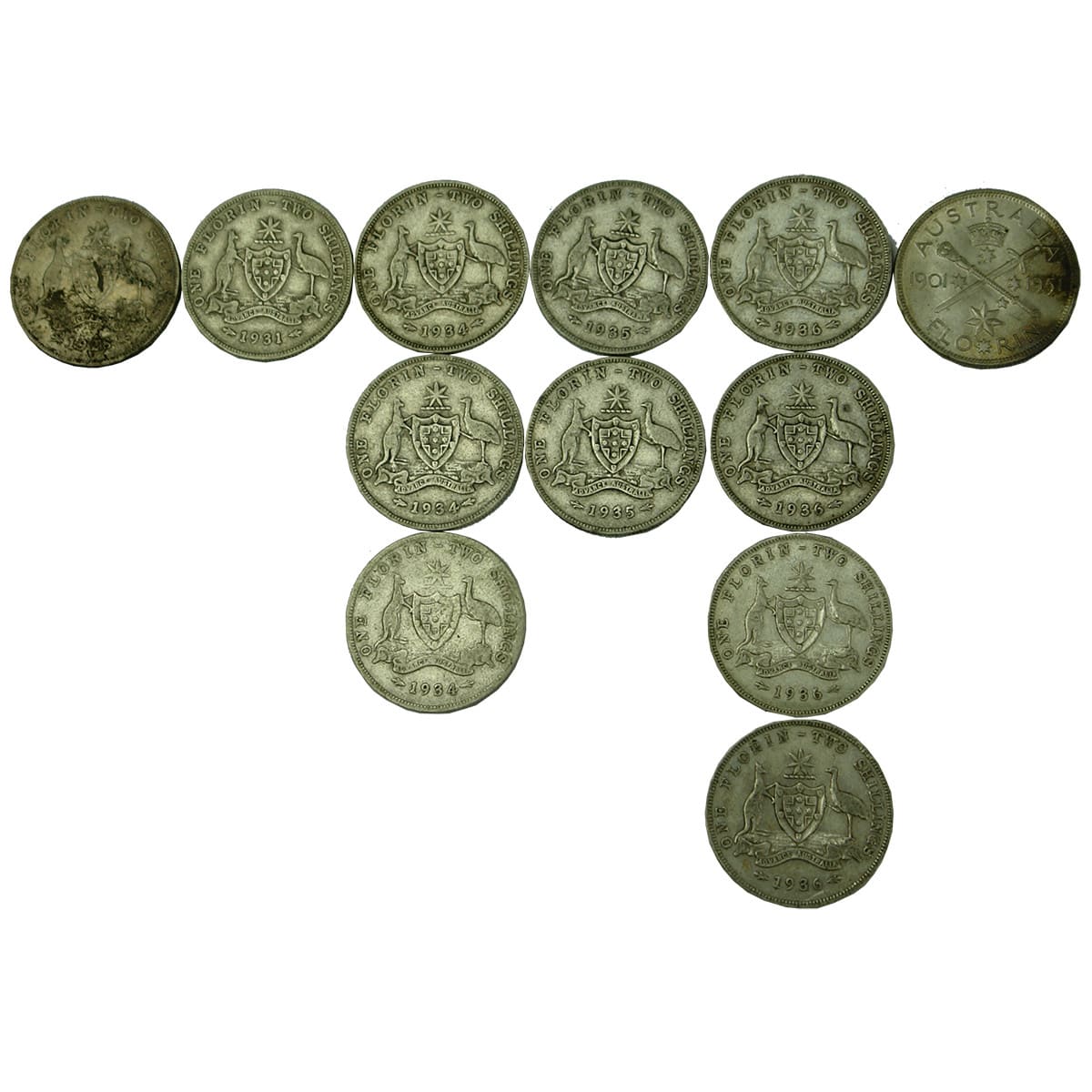 Coins. Australian Florins, 1928 to 1951, 12 in total.