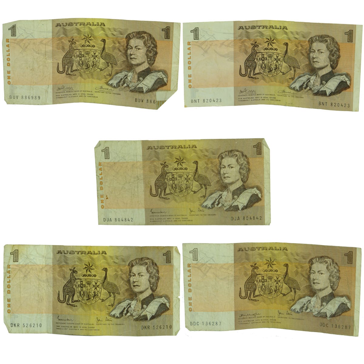 Numismatics. Five Australian $1 Notes, 2 x Phillips/Wheeler, 2 x Johnston/Stone, 1 x Knight/Stone.