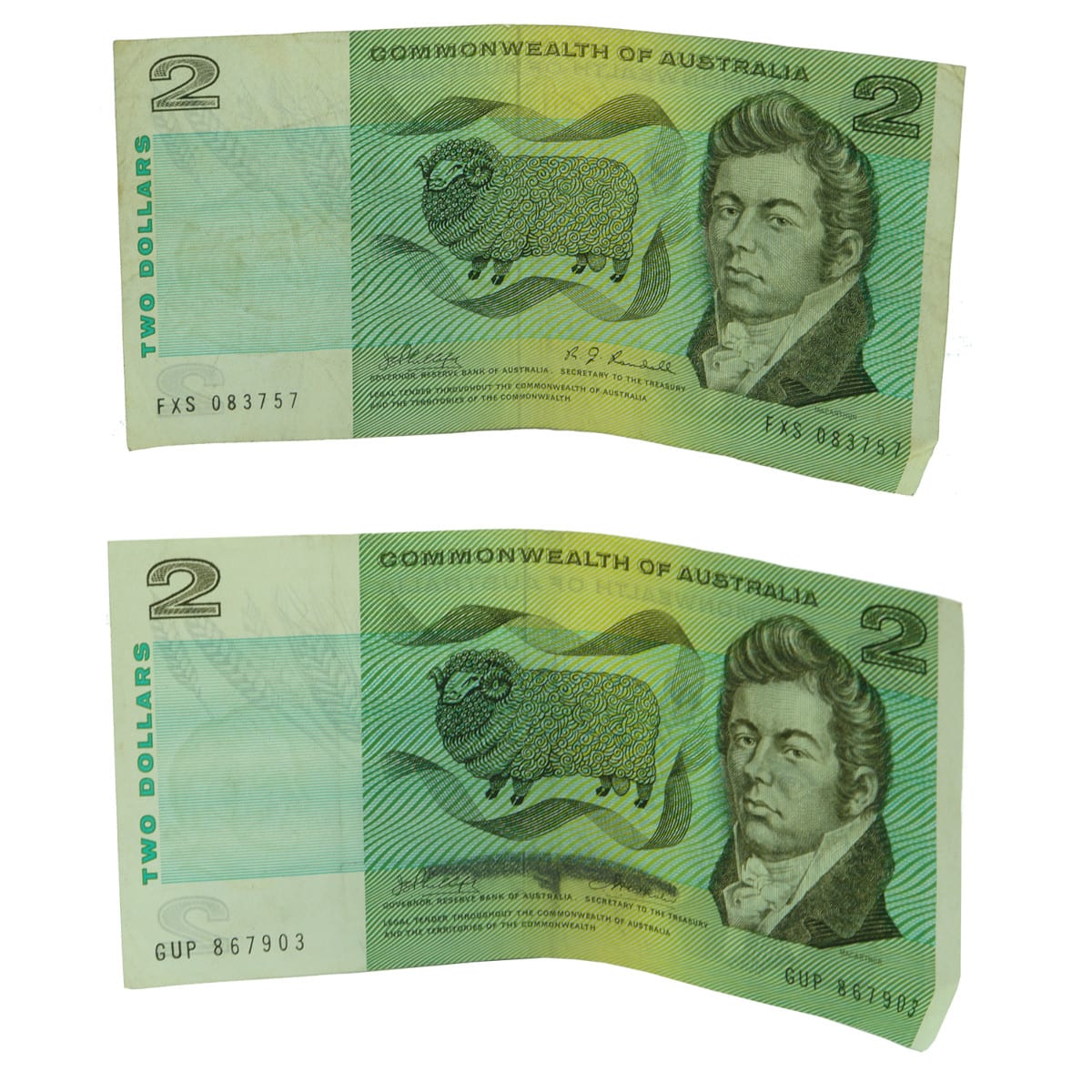 Numismatics. Pair of Commonwealth of Australia $2 Notes, one Phillips/Randall, the other Phillips/Wheeler.