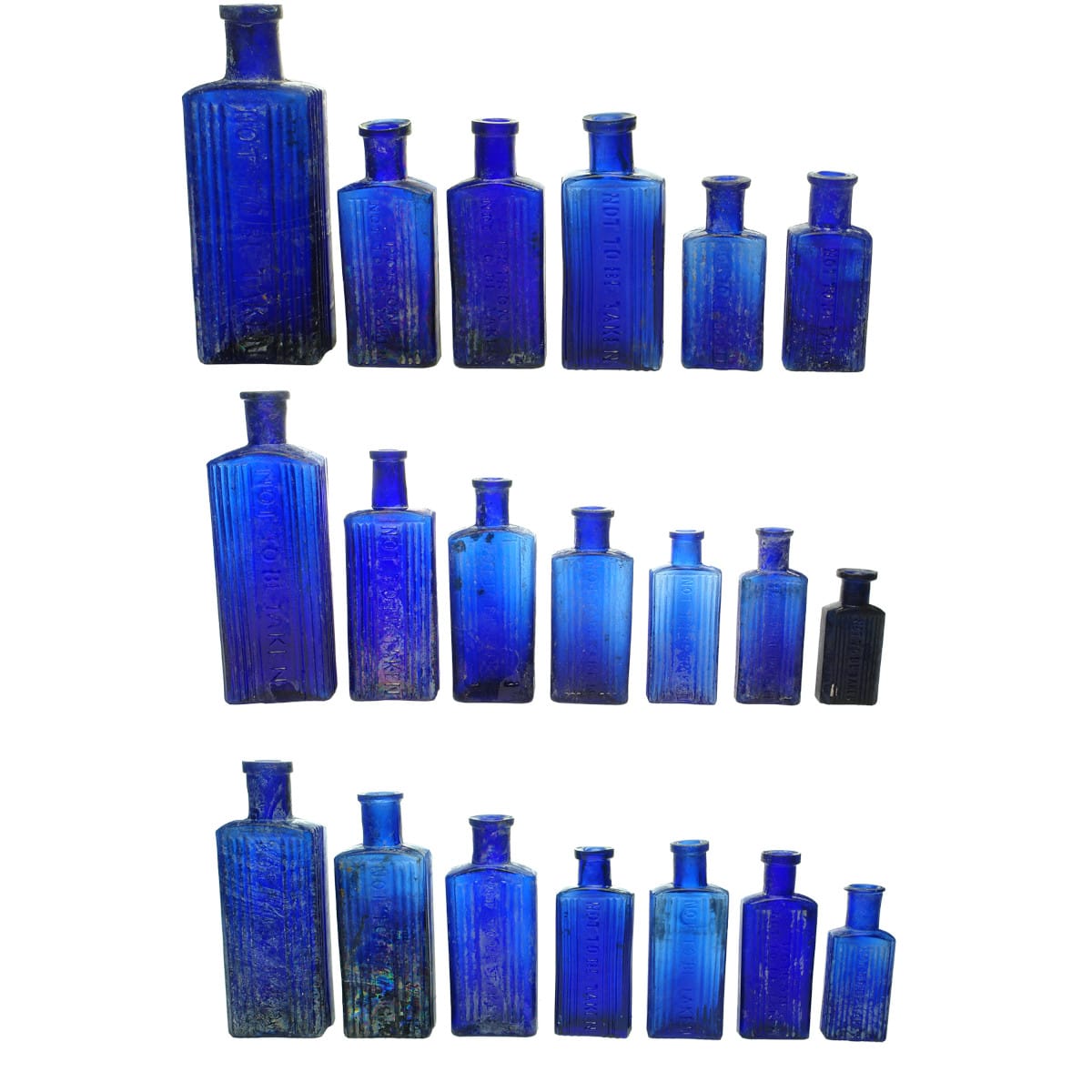 20 Cobalt Blue Poisons. Not to be Taken. Rectangular shapes.