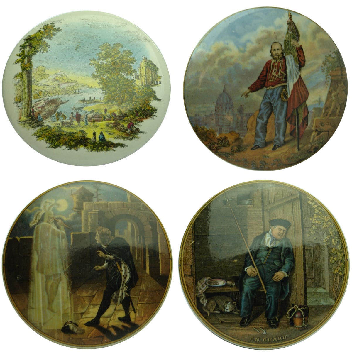 4 Pratt Lids: Early scene with Ruins; Garibaldi; Hamlet and his Father's Ghost; On Guard.