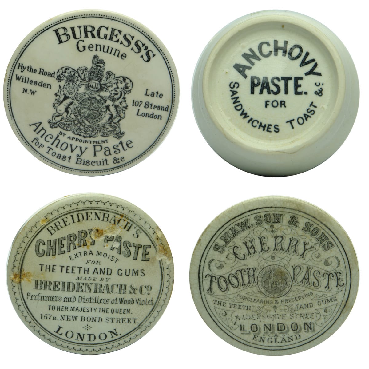 4 Pot Lids: Burgess's Anchovy Paste; Anchovy Paste Pot; Breidenbach's Tooth Paste; Maw, Son & Sons Tooth Paste.