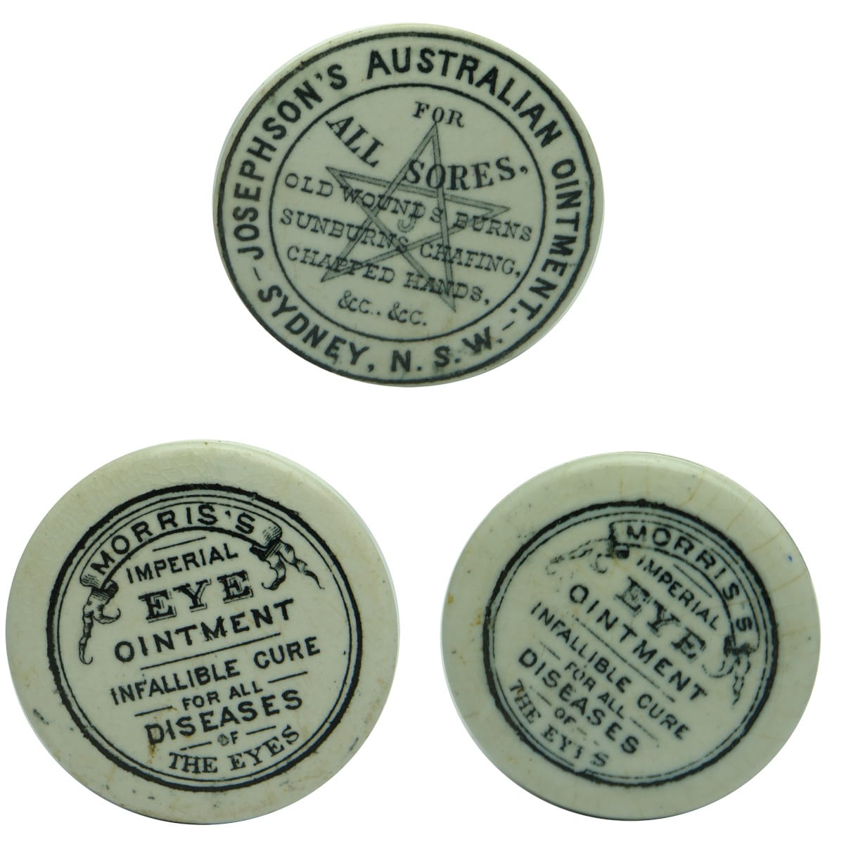 3 Pot Lids; Josephson's Australian Ointment; 2 x Morris's Imperial Eye Ointment. (New South Wales & Victoria)