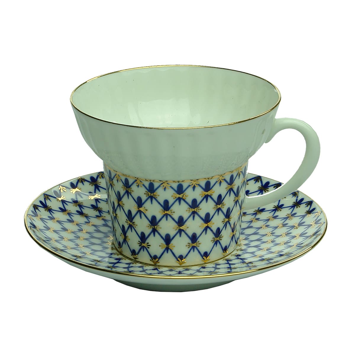 Fine Porcelain Cup & Saucer. Made in Russia. Blue & Gold on White.