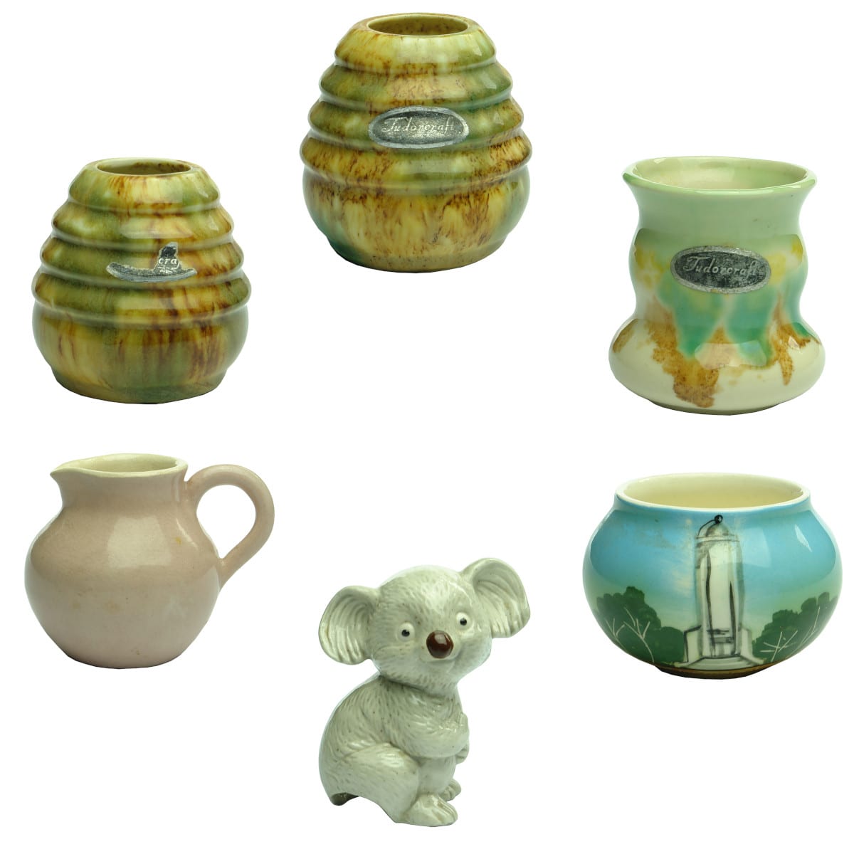 6 small pottery items. 3 x Tudorcraft stickers. Scott Ceramic Co stamps to the bases of two. 4. Martin Boyd; 5. Unstamped Koala. 6. Anna Pottery Albury War Memorial.