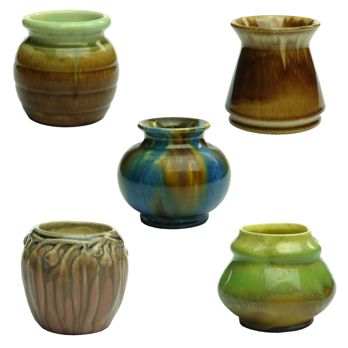 5 Pottery Vases: 2 x Trent Artware; Mashman Bros; Melrose Australian Ware; Newtone Pottery.