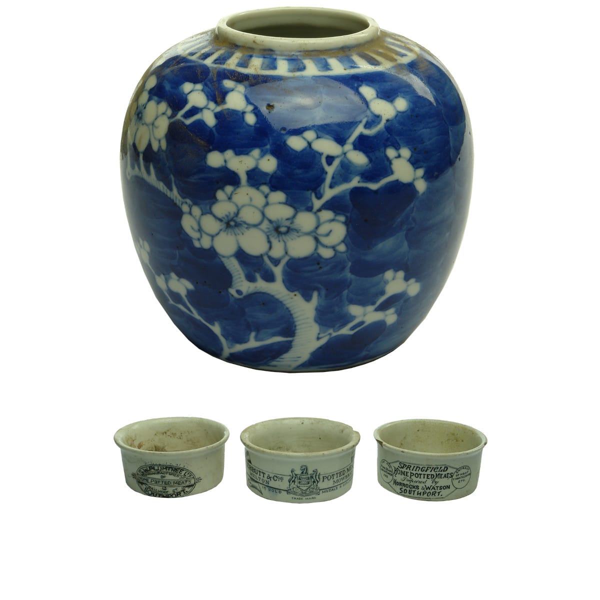 4 Ceramic Pots: Blue & White Ginger Jar and 3 Potted Meat Jars: Plumtree; Tebbutt; Horrocks & Watson.