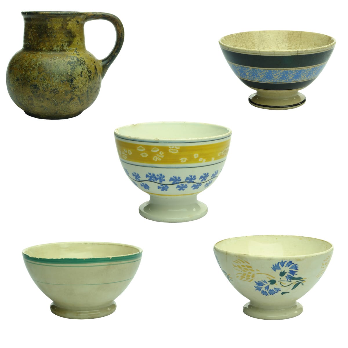 5 early or early looking pieces of pottery: Old Style Jug; 4 Bowls in various glazes.