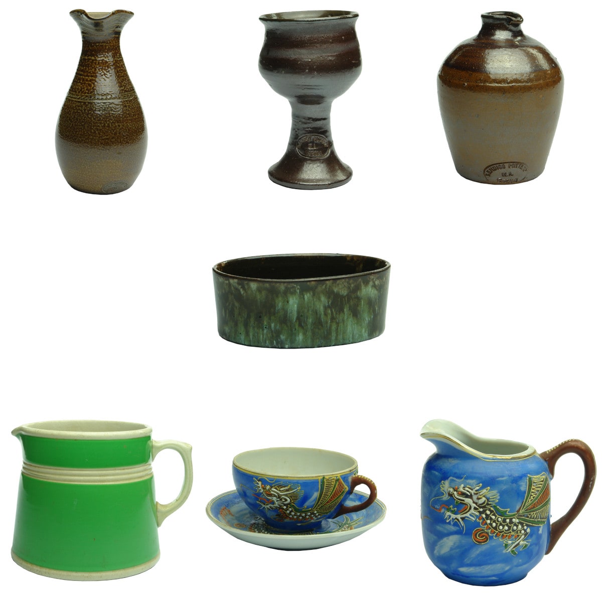 8 Pieces of Pottery: 3 x later Bendigo Pottery; Small oval dish; Green & White Fowlerware Jug; 3 Blue Sky & Dragon pieces.