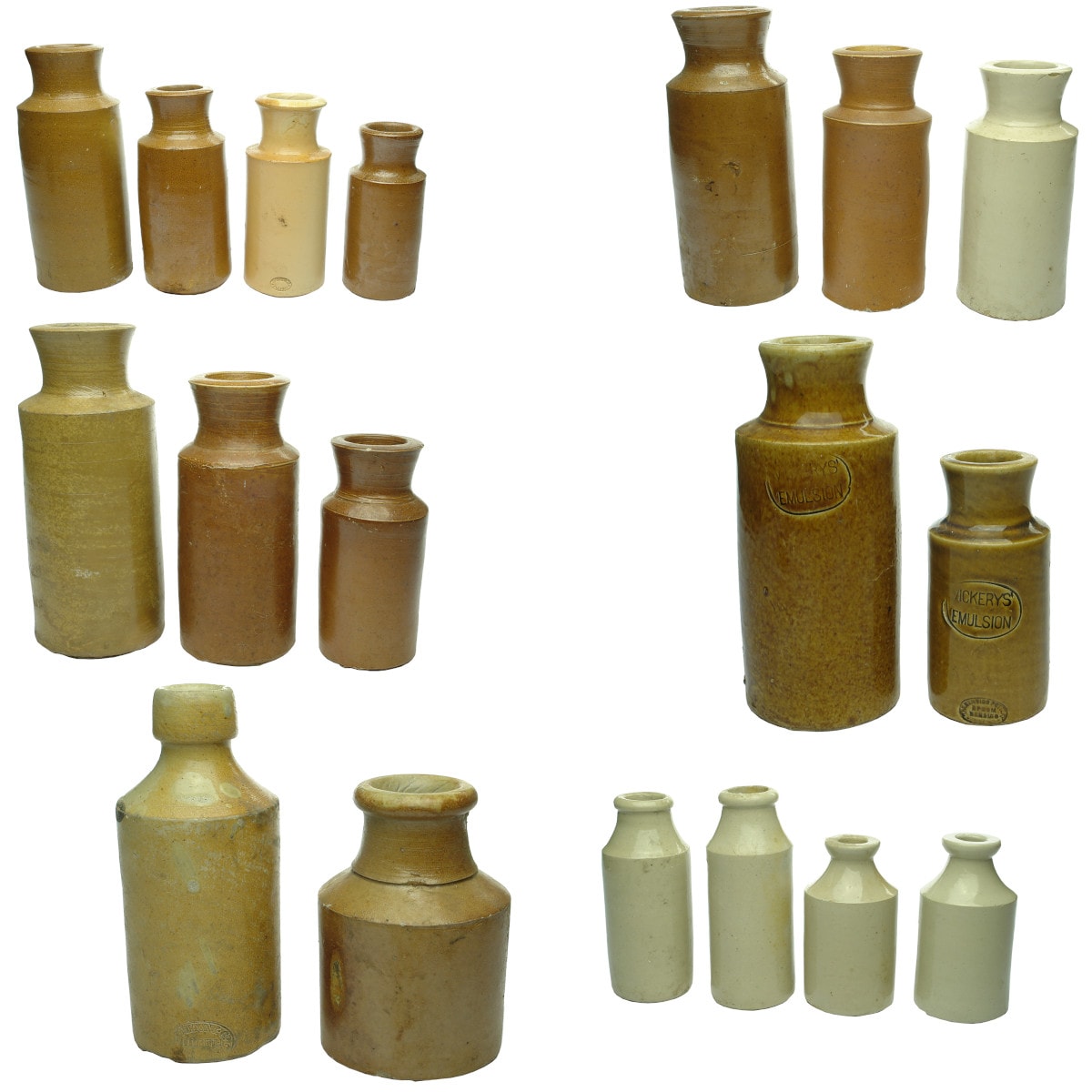 18 Stoneware Jars: Stove Blacks; Vickery's Emulsion; Plain things; Doulton.