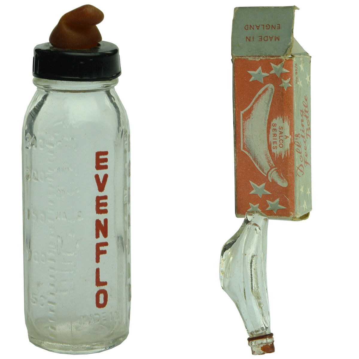 Miniature. Pair of sample baby feeders: Upright Evenflo; Salco Series Doll's Feeding Bottle in Original Box.