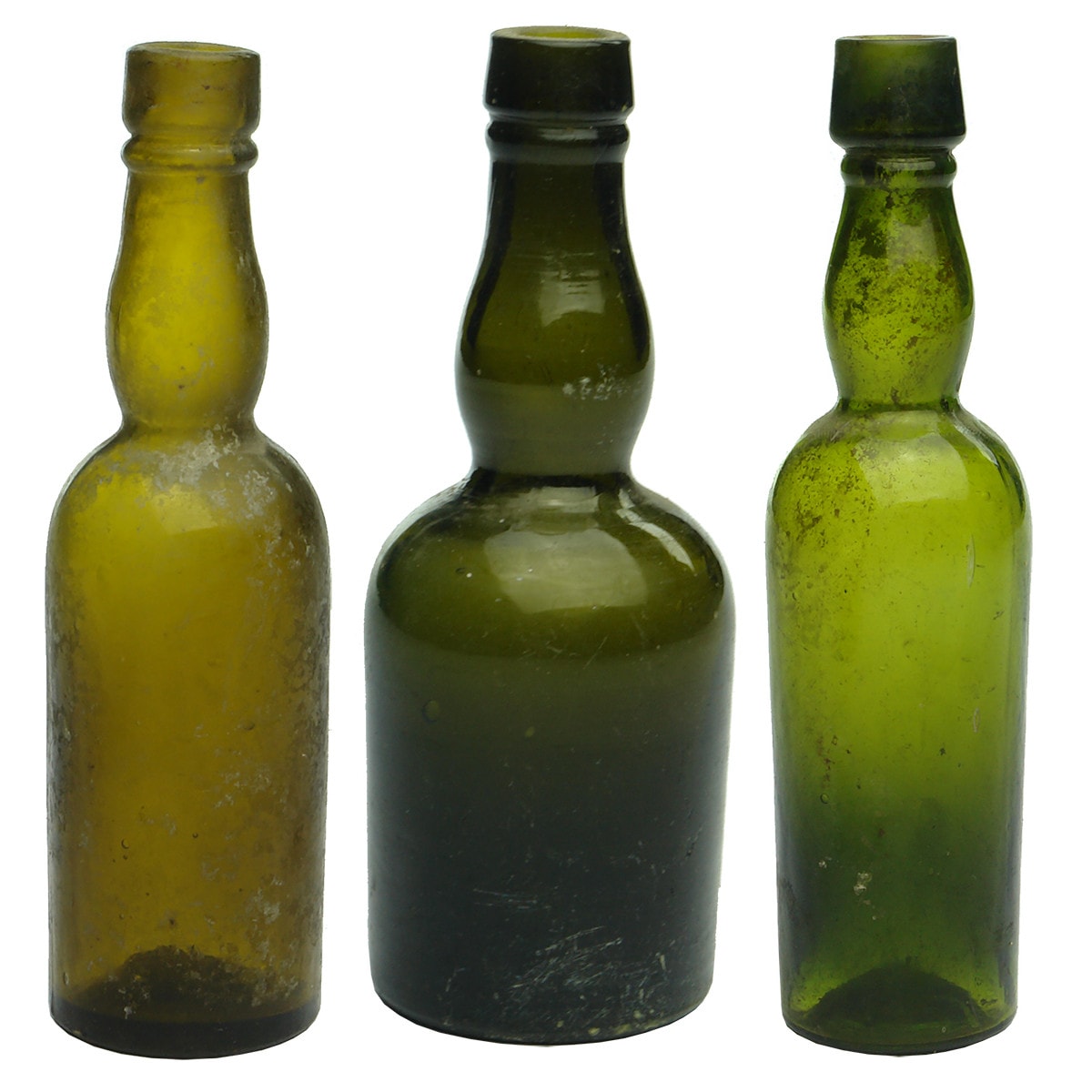 3 Sample Wine/Spirit bottles: Tall Amber with Bulge neck; Squat Black, bulge neck; Tall Green, bulge neck.