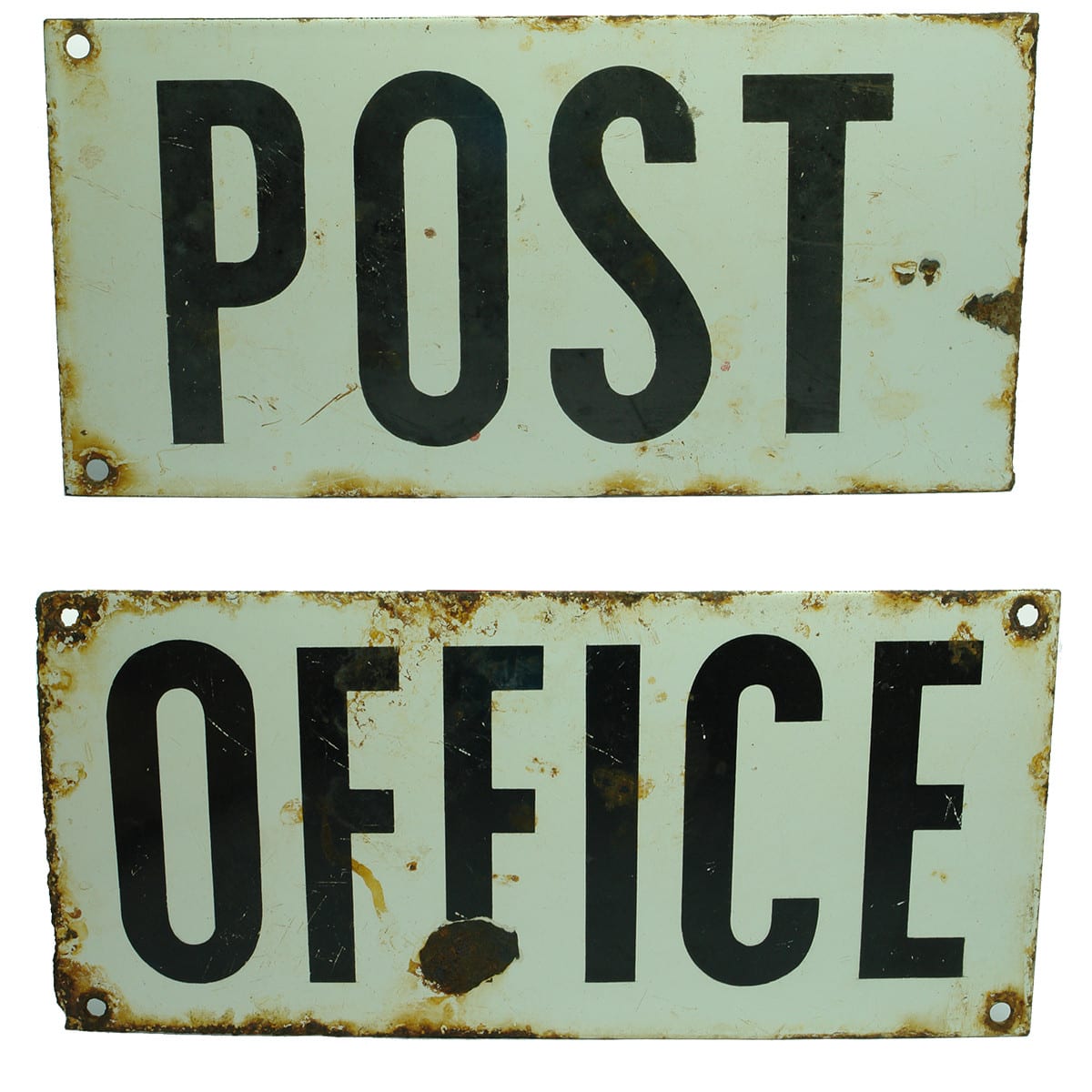 Pair of small Enamel Signs. Post Office. Black & White.