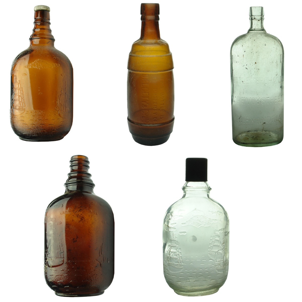 5 Liquor Bottles: Distillers Agency; Dalgety & Co; J. McCarthy; MacKenzie Allan; T. Brown & Son.