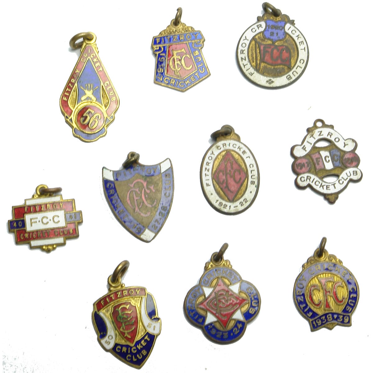 Sporting. 10 different enamel badges for the Fitzroy Cricket Club from 1917 up to 1956. (Victoria)