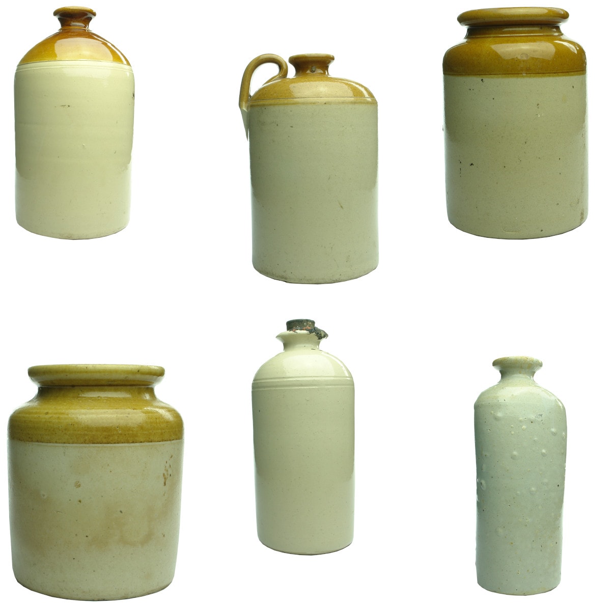 6 large plain pottery pieces: 2 x Demijohns; 2 x Bung Jars; 2 x Footwarmers. STRICTLY NOT FOR POST, PICKUP ONLY!