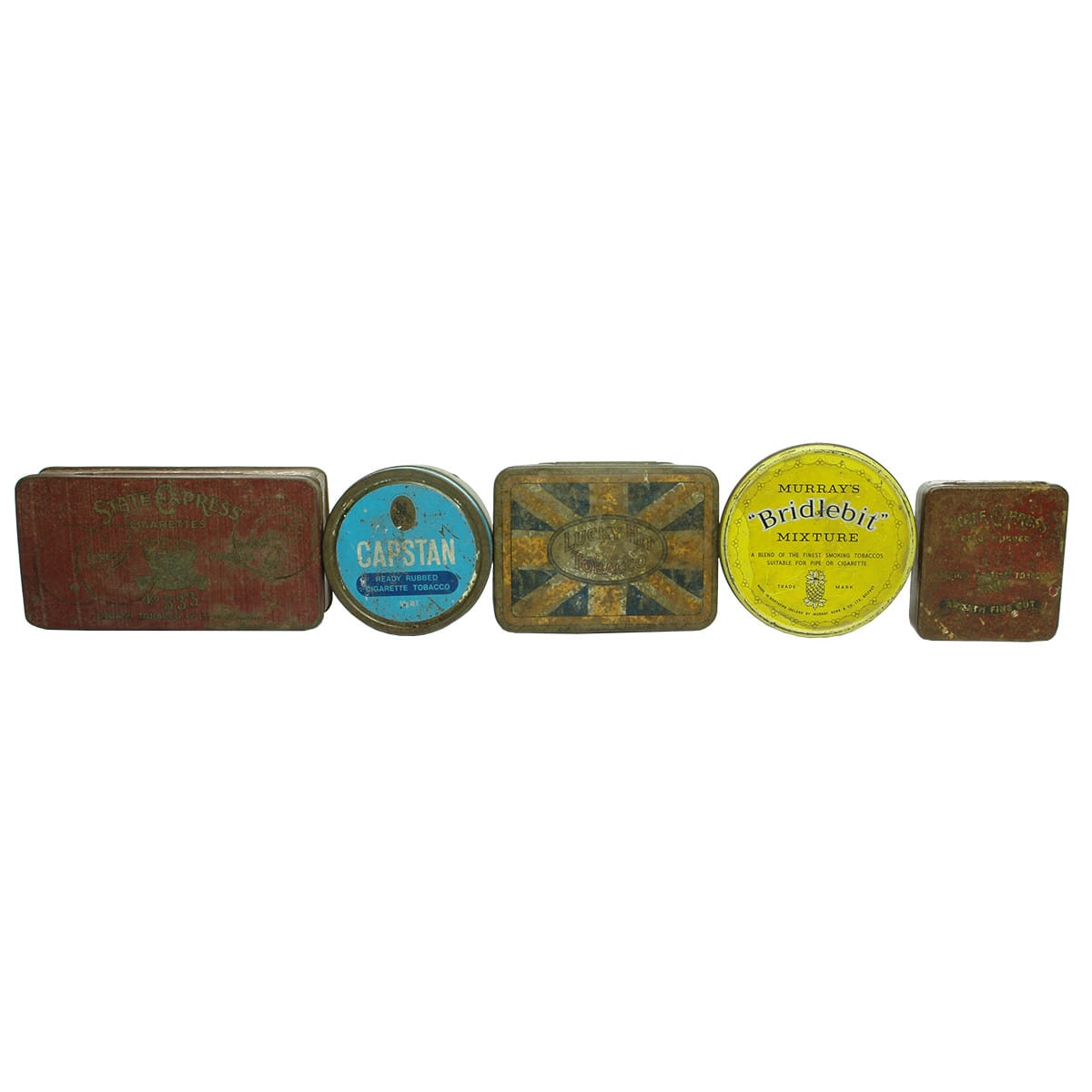 5 Tobacco Tins: Capstan; Bridlebit; Lucky Hit; 2 x Different State Express (Tobacco & Cigarettes)