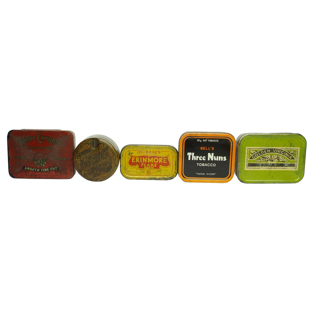 5 Tobacco Tins: Golden Virginia; Three Nuns; Havelock; State Express; Erinmore.