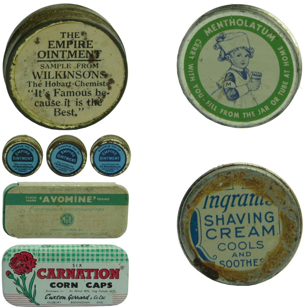 8 Tins. The Empire Ointment, Wilkinsons, The Hobart Chemist; Mentholatum; 3 sample tins of Empire Ointment, 'Avomine', May & Baker, Dagenham; Carnation Corn Caps, Cuxson, Gerrard, Oldbury, Birmingham; Ingrams Shaving Cream.