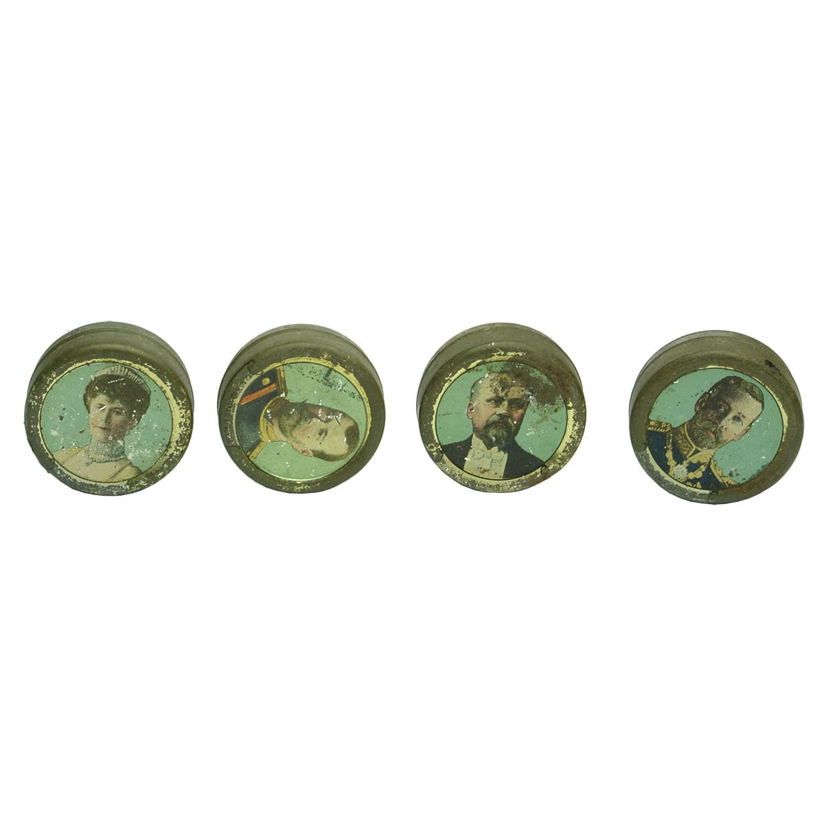 Tins. Four Small Royalty Tins: Queen Mary; King George V; French President Raymond Poincare; Czar Nicholas II of Russia.