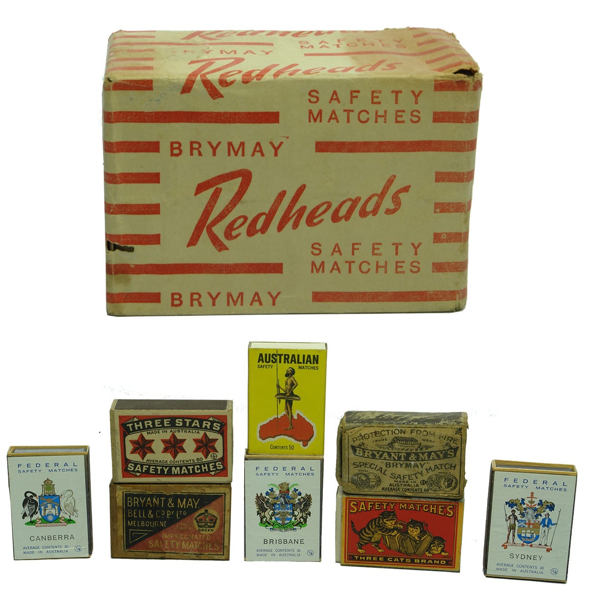 20 Packets of Matches. Unopened package of Redheads Safety Matches; Three Stars; Bryant & May, Bell, Melbourne; Australian Match Mfg Co, Strathpine; Brymay; Three Cats Brand; Federal, Canberra, Brisbane, Sydney. NOT FOR POST!