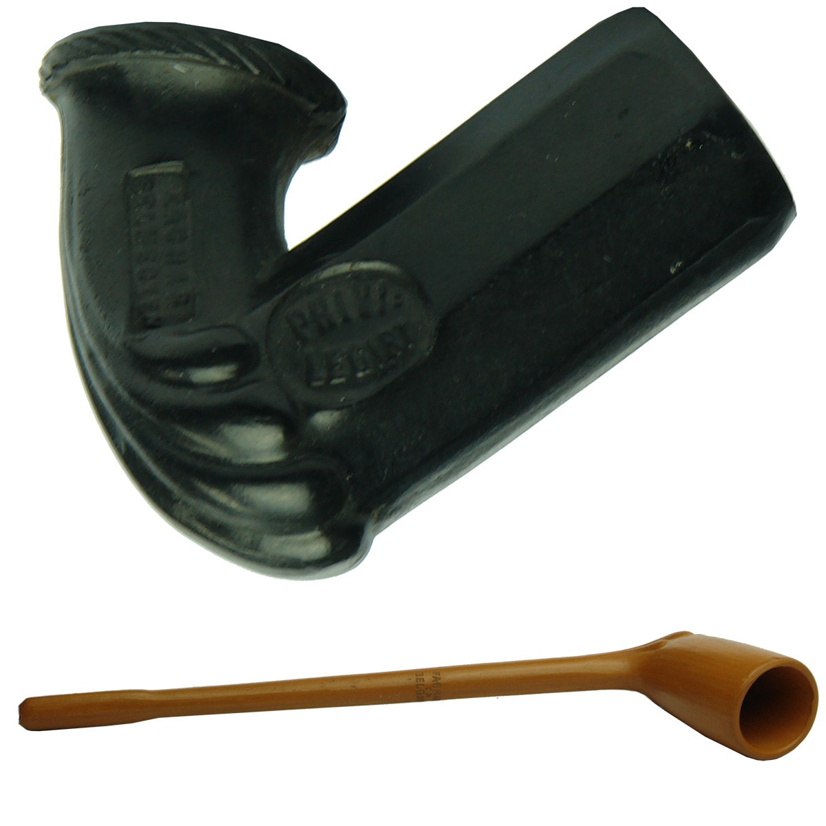 Tobacciana. Zachar, Selmeczen black pipe bowl and a terracotta pipe with long stem marked Fabrique En Belgique.