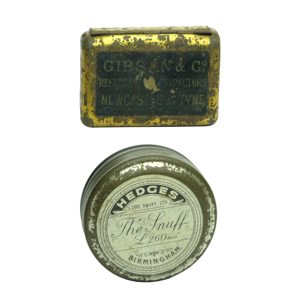 2 Tobacciana Items: Gibson, Newcastle advertising Vesta; Birmingham Snuff Tin.