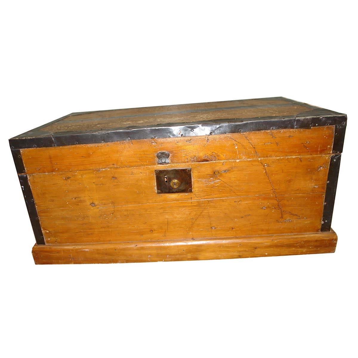 Large wooden blanket box or similar. Metal strapping over top and edges. (NOT FOR POST. PICKUP ONLY)