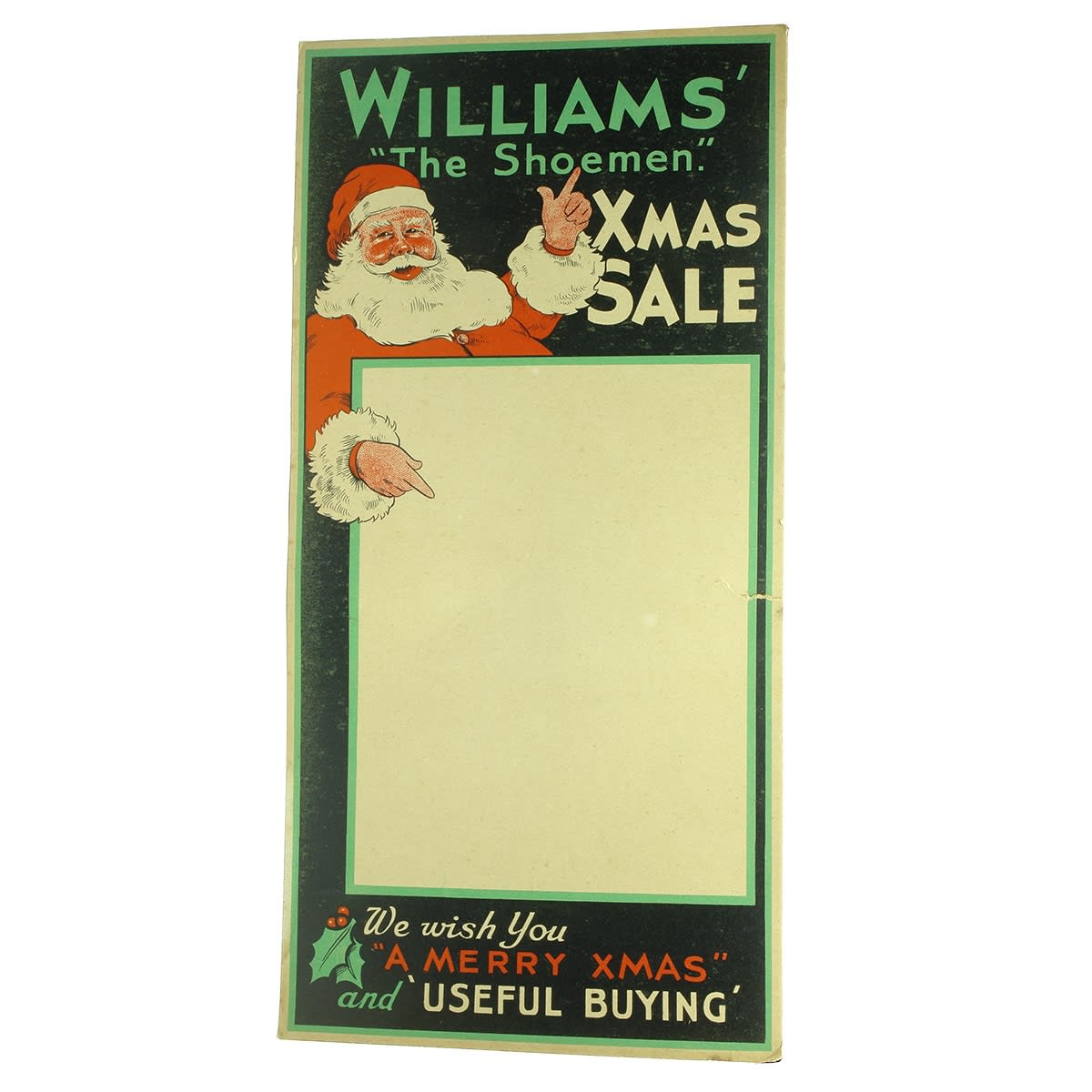 Poster. Williams' "The Shoeman" Xmas Sale Advertising Card.