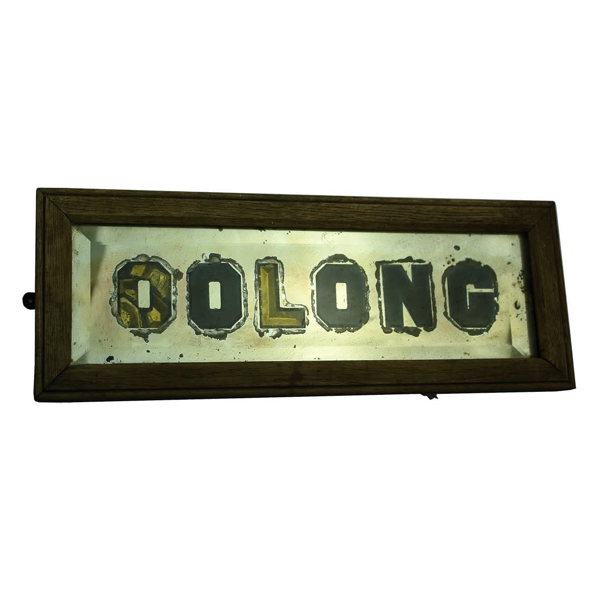 House name sign. Oolong. Early wooden frame. Mirror with metallic gold leaf letters. Heavy tar like substance to the back.