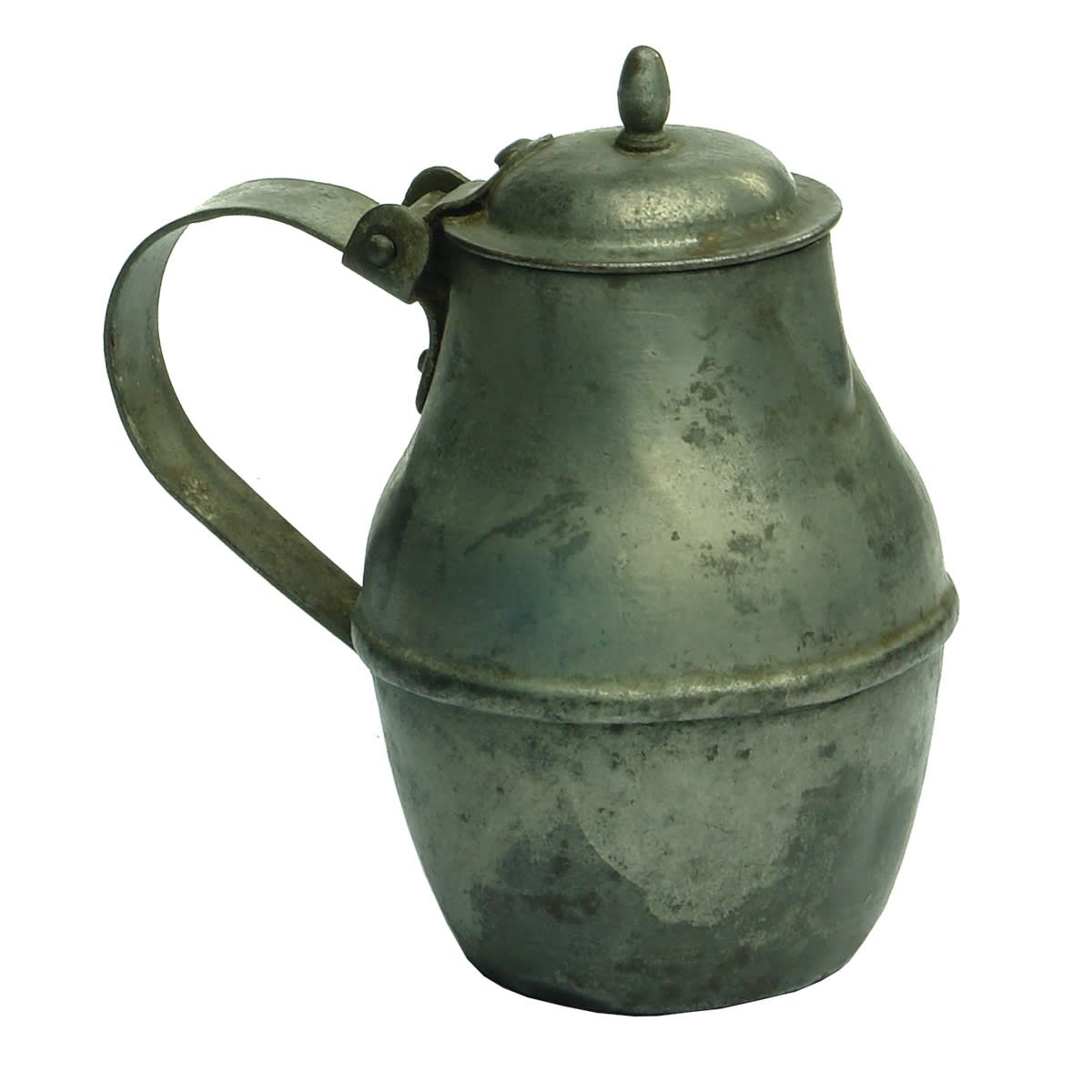 Small lidded tin jug. Handle and attached lid.