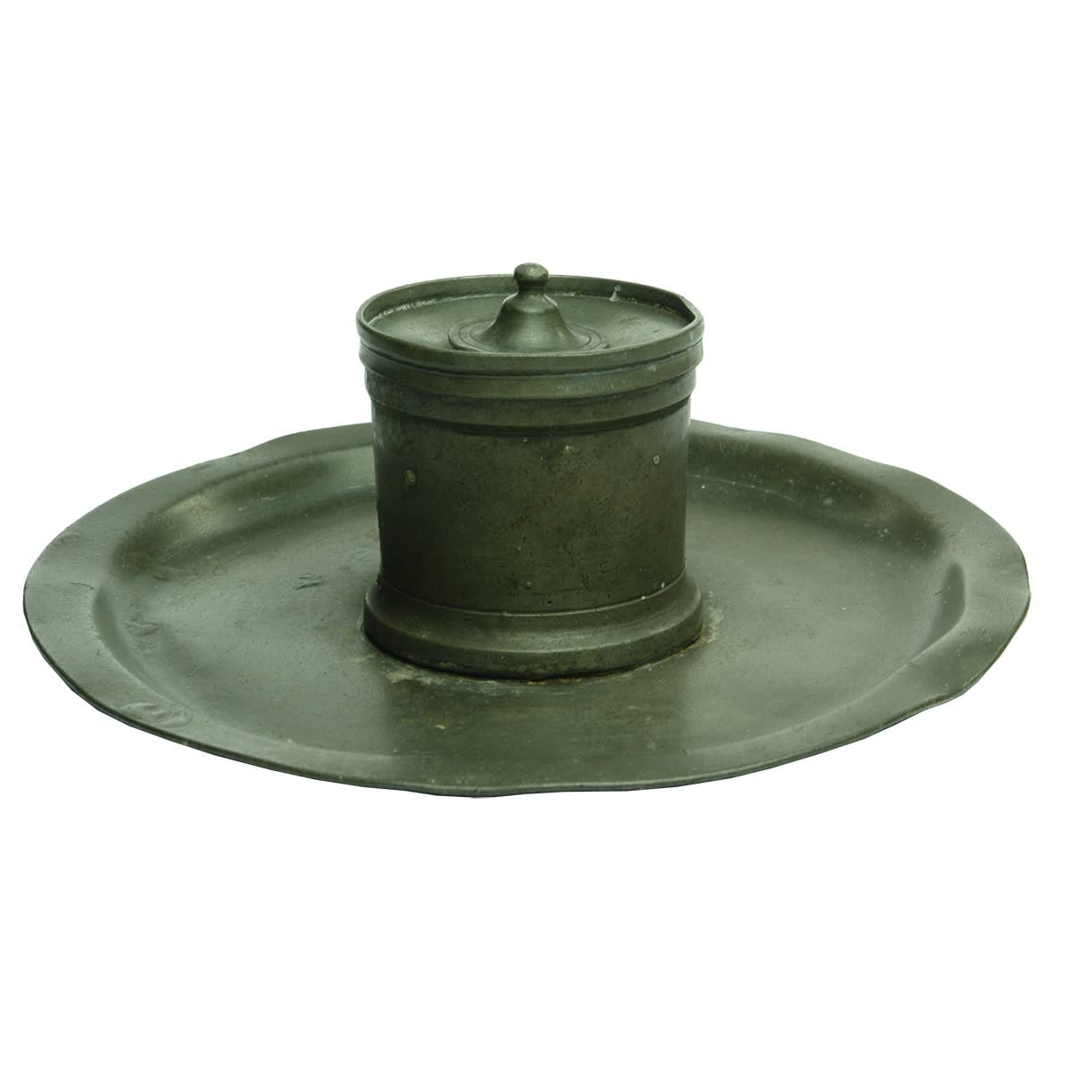 Pewter Ink pot or similar on a wide tray. Double lid.