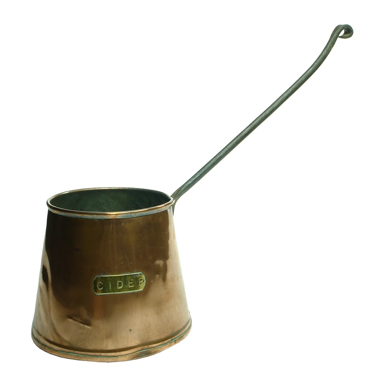 Copper Scoop. Brass name tag for Cider. Iron handle.