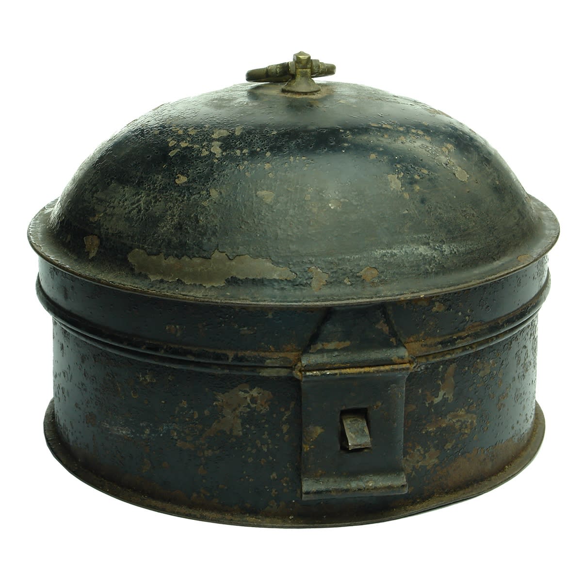 Round lidded herbs or spices metal container. Six sections inside and small round grater to the middle.