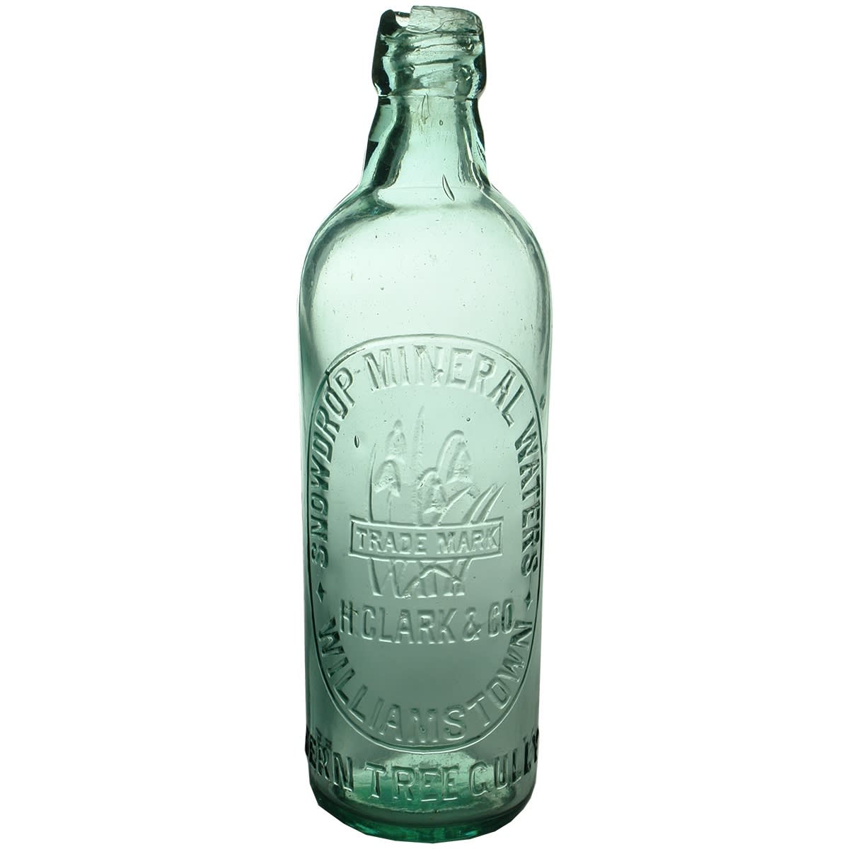 Internal Thread. Snowdrop Mineral Waters, H. Clark & Co. Williamstown & Fern Tree Gully. Aqua. 26 oz. (Victoria)