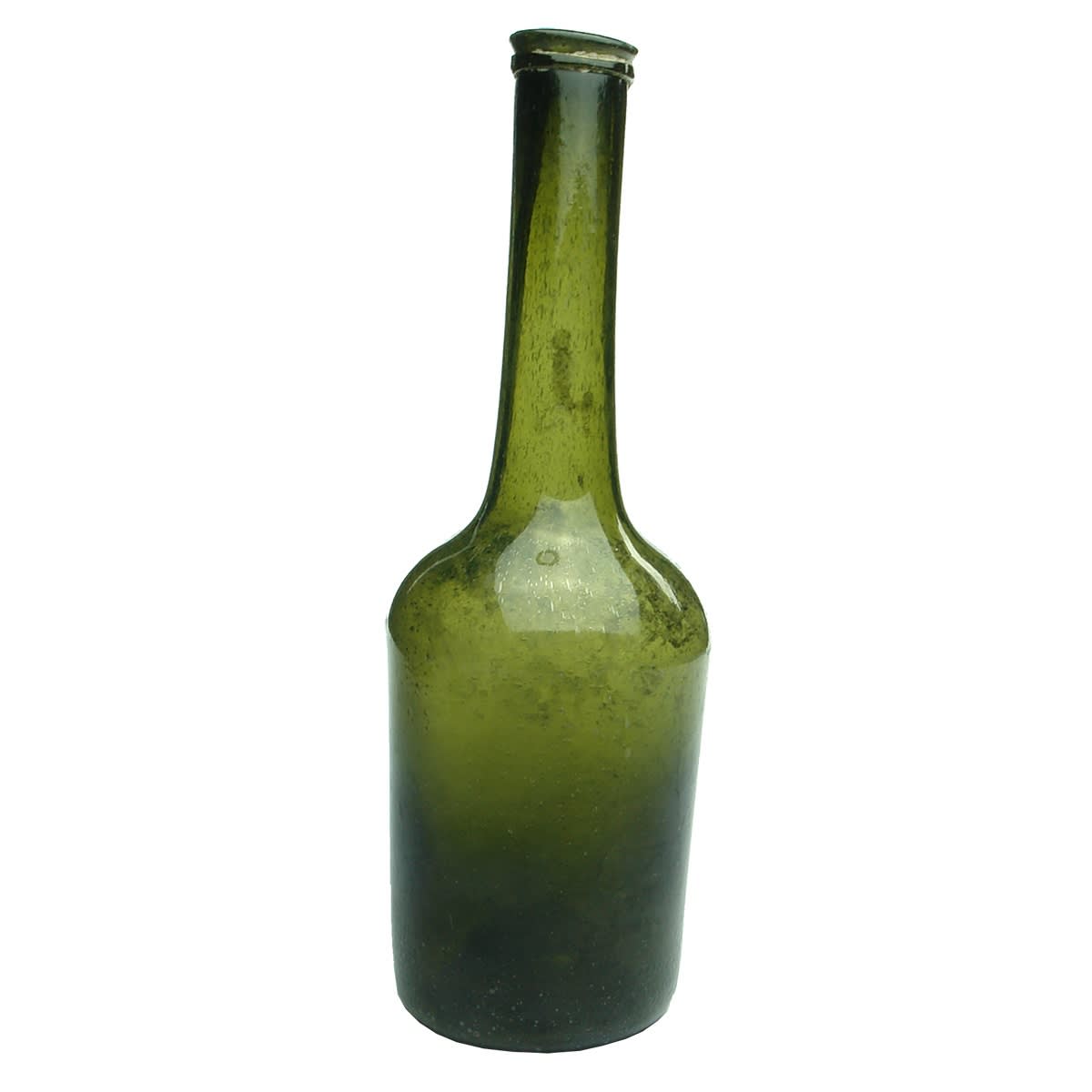 Wine. Dutch Flowerpot type black glass bottle. Very long stretched neck. Large pontil scar.